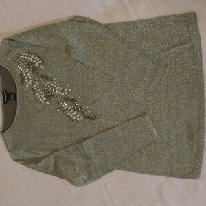 Beaded Silver Metallic Pullover Sweater  Size Large